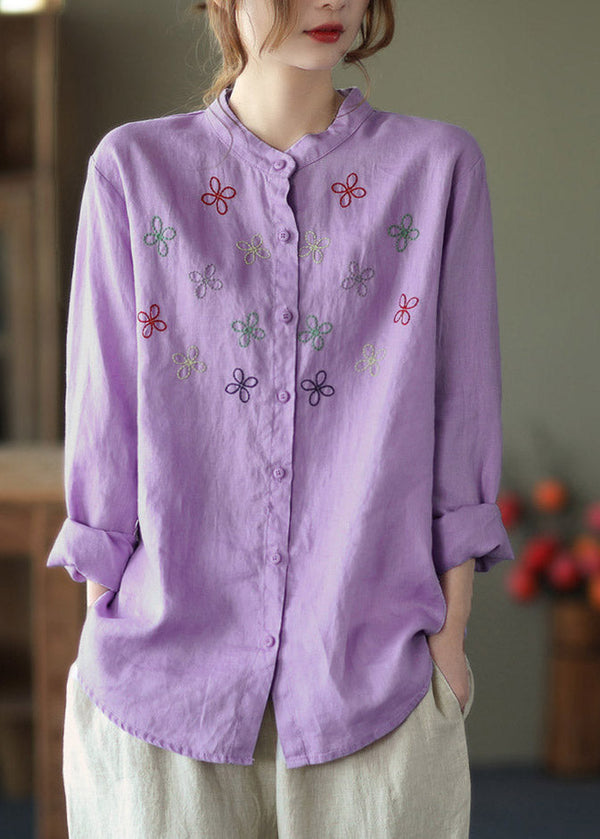 Casual Purple Stand Collar Embroidered Linen Shirt Long Sleeve