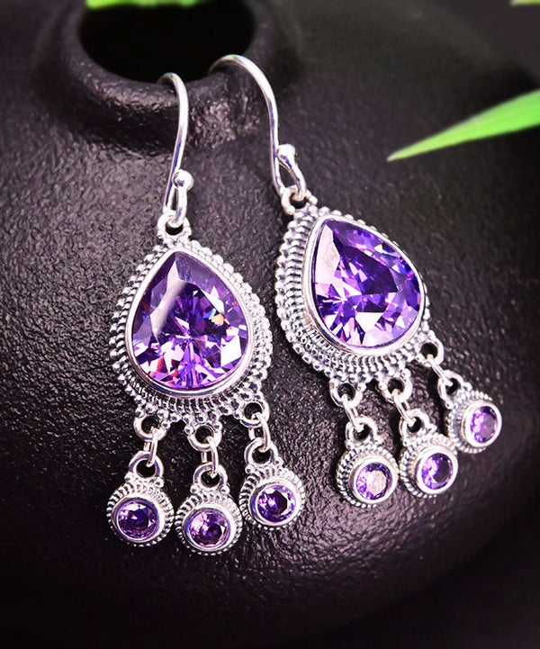 Casual Purple Sterling Silver Crystal Water Drops Drop Earrings