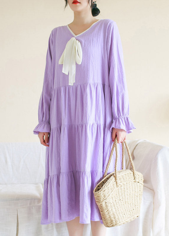 Casual Purple V Neck Patchwork Cotton Maxi Dress Long Sleeve