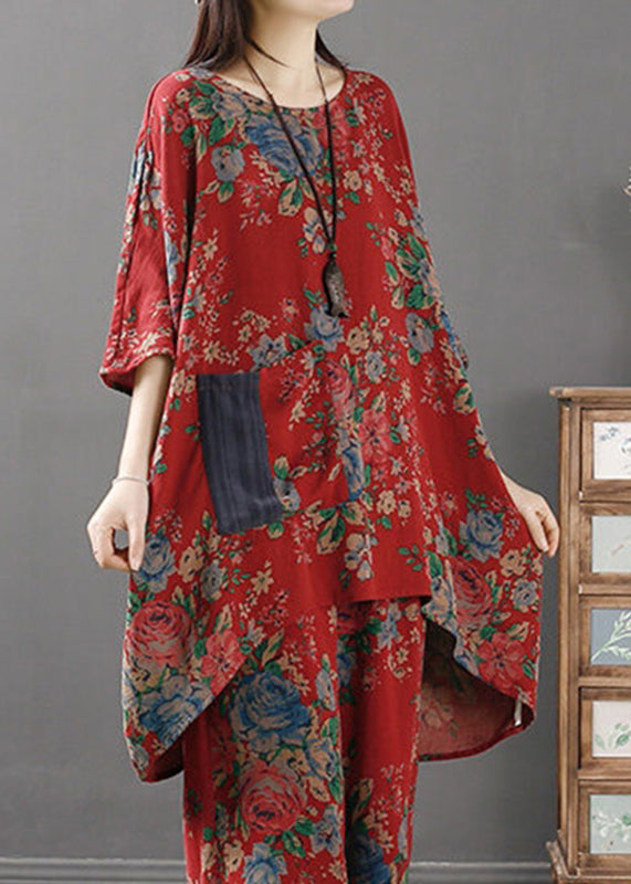 Casual Red O-Neck Print Low High Design Pockets Linen Tops Long Sleeve