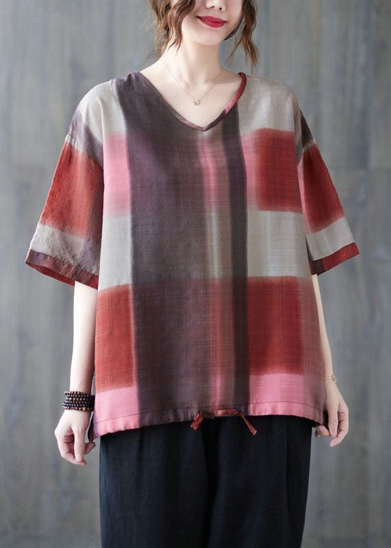 Casual Red Oversized Plaid Linen Tanks Summer