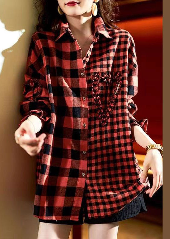 Casual Red Plaid Button Heart Patchwork Cotton Shirts Top Spring