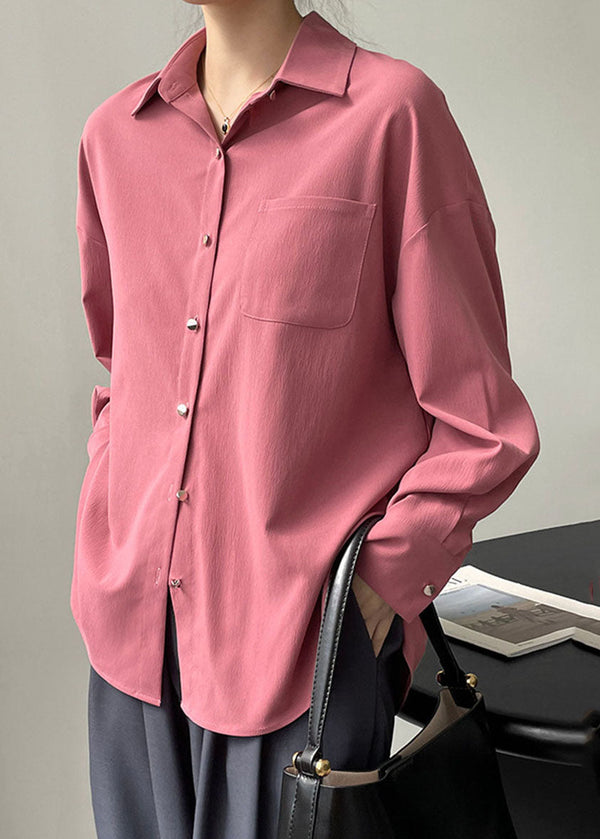 Casual Rubber Red Peter Pan Collar Pockets Button Shirt Spring