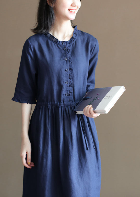 Casual Tibetan Blue Drawstring Ruffled Button Linen Long Dress Half Sleeve