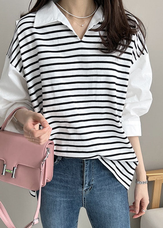 Casual White Peter Pan Collar Patchwork Striped Cotton Shirt Tops Half Sleeve