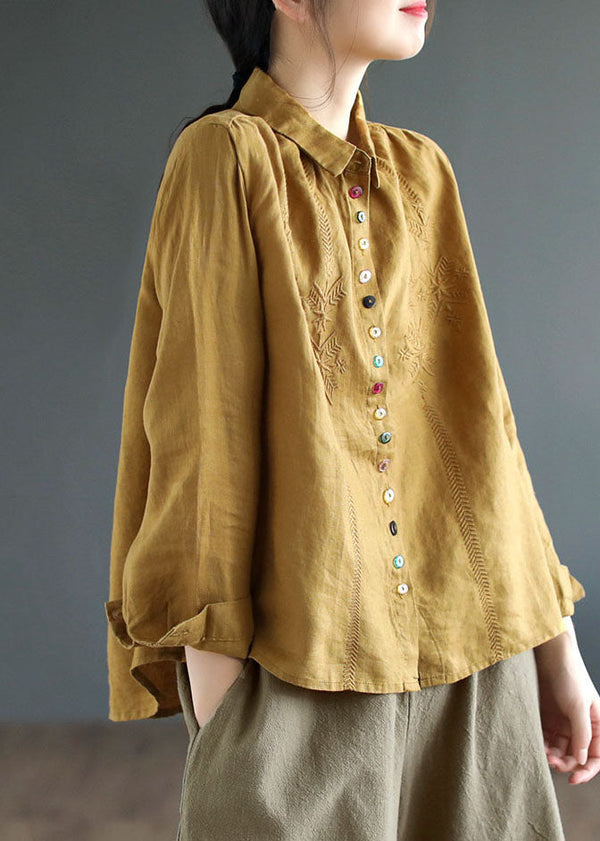 Casual Yellow Peter Pan Collar Embroidered Linen Blouse Tops Fall