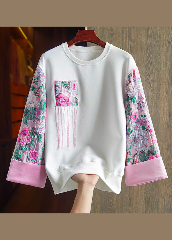 Casualn White O-Neck Embroidered Cotton Sweatshirt Fall