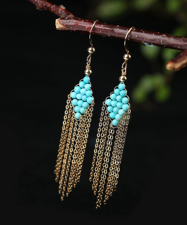 Chic 14K Gold Turquoise Tassel Drop Earrings