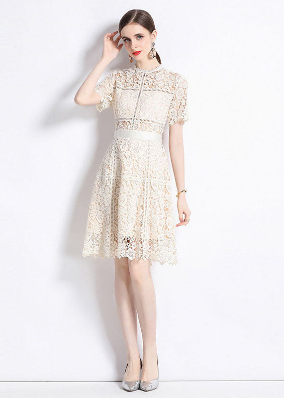 Chic Apricot Embroidered Hollow Out Patchwork Lace Mid Dress Summer