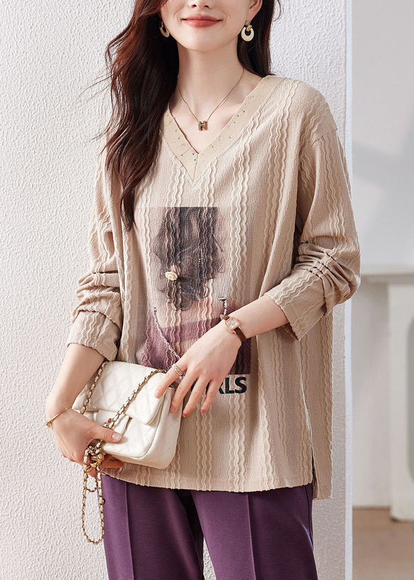 Chic Apricot Print Patchwork Low High Design Tops Long Sleeve