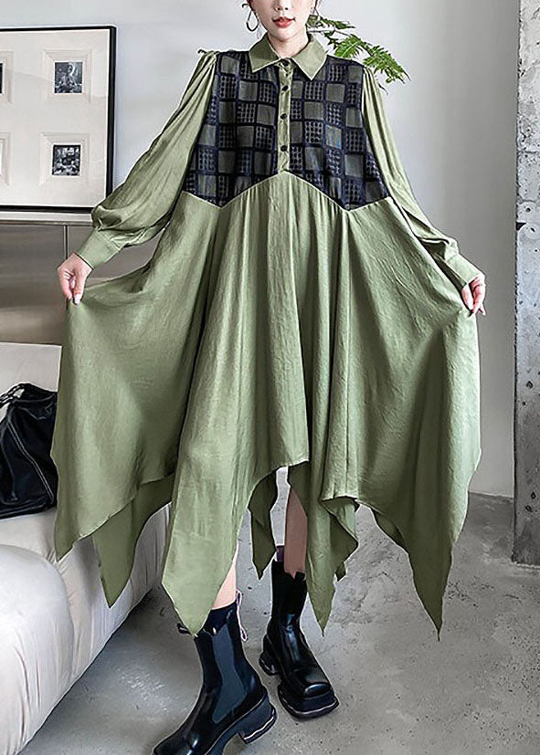 Chic Army Green Asymmetrical Patchwork Cotton Shirt Dresses Spring