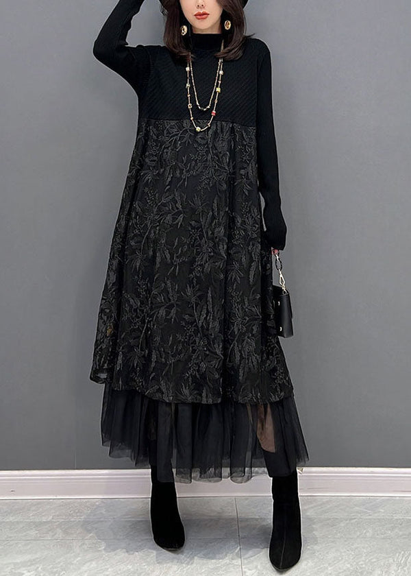 Chic Black Embroidered Tulle Patchwork Knit Dresses Winter