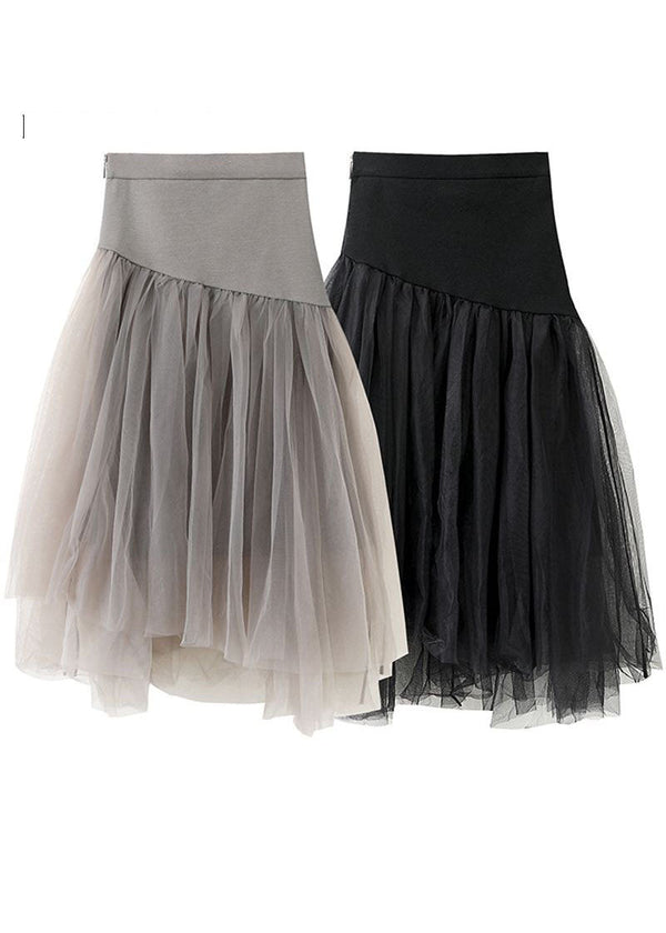 Chic Black High Waist Asymmetrical Patchwork Tulle Skirt Summer