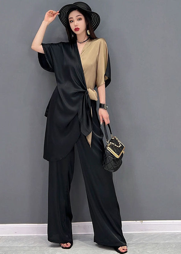 Chic Black Khaki V Neck Asymmetrical Design Patchwork Chiffon Two Piece Suit Set Summer