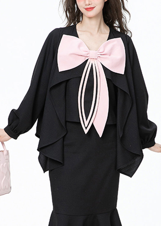 Chic Black O-Neck Bow Chiffon Shirt Long Sleeve