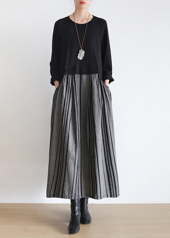 Chic Black O-Neck Striped Patchwork Pockets Long Dresses Long Sleeve