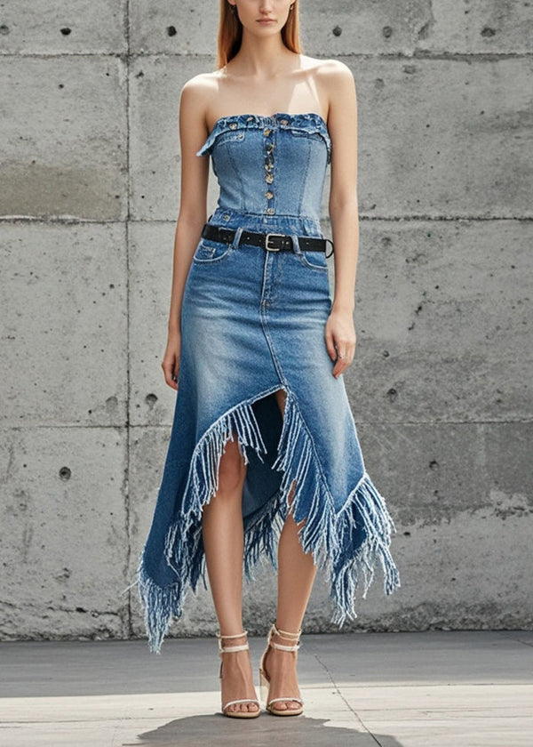 Chic Blue Asymmetrical Patchwork Tasseled Denim Skirts Fall