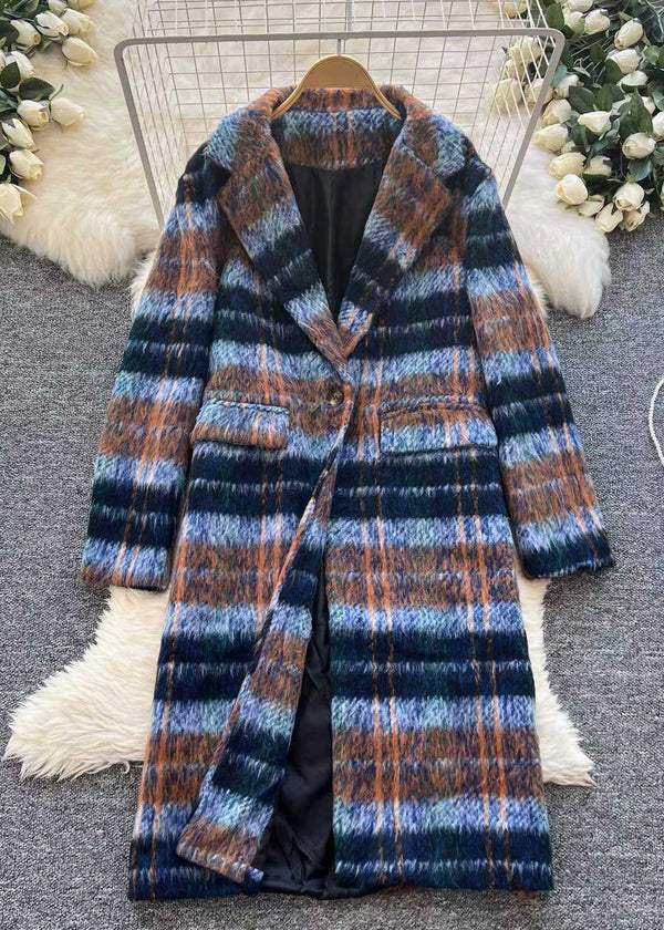 Chic Blue Button Plaid Pockets Woolen Coats Winter