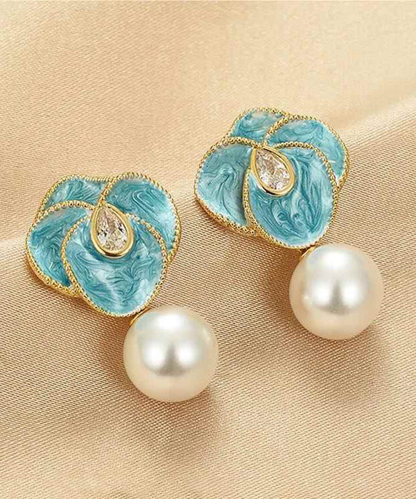 Chic Blue Copper Alloy Pearl Enamel Floral Drop Earrings