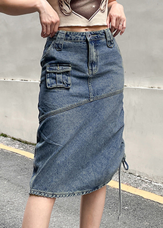 Chic Blue Drawstring Pockets Patchwork Denim Skirt Fall