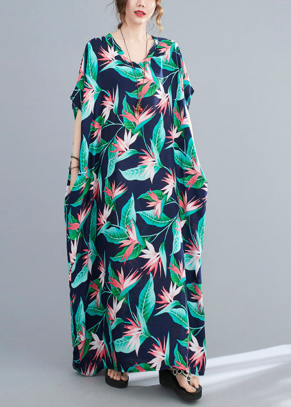 Chic Blue Green V Neck Print Cotton Party Maxi Dress Summer