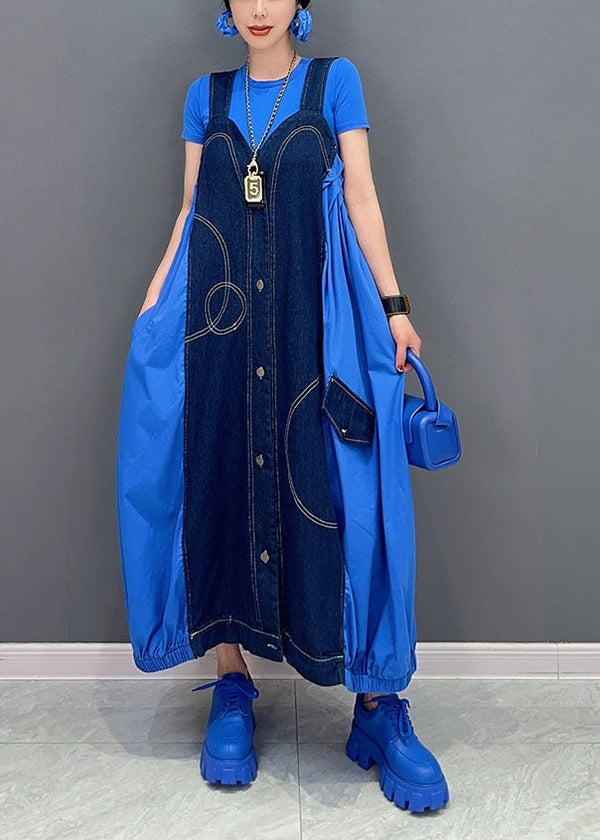 Chic Blue Oversized Patchwork Cotton Denim Strap Dress Summer