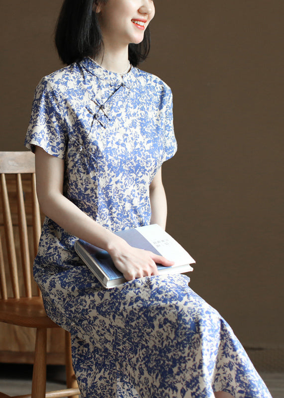 Chic Blue Stand Collar Print Side Open Cotton Long Dress Short Sleeve