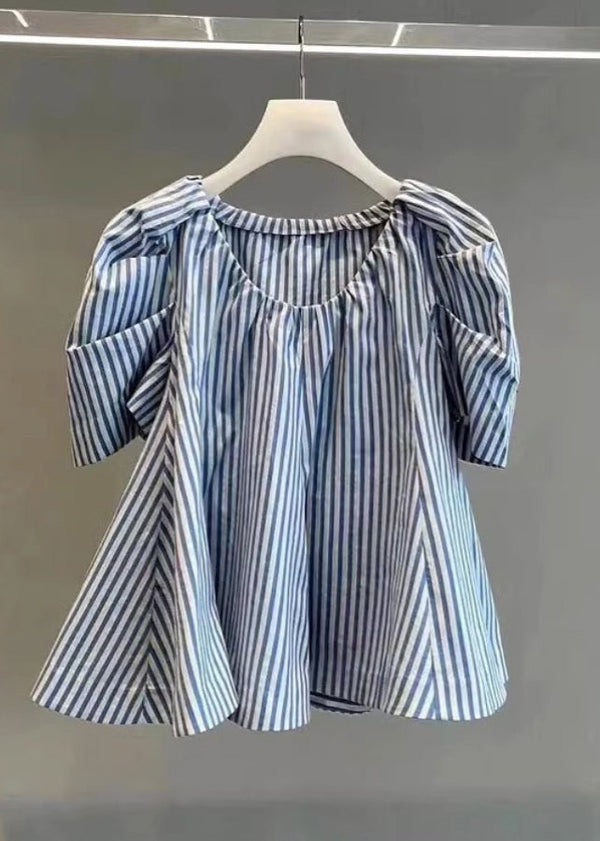 Chic Blue Striped Cotton Shirts Puff Sleeve