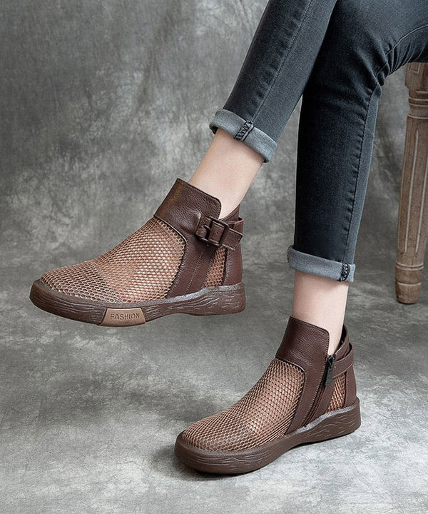 Chic Brown Knit Fabric Hollow Out Splicing Flat Shoes