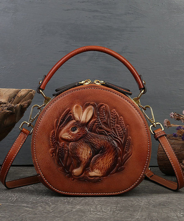 Chic Brown Rabbit Jacquard Circular Calf Leather Satchel Handbag