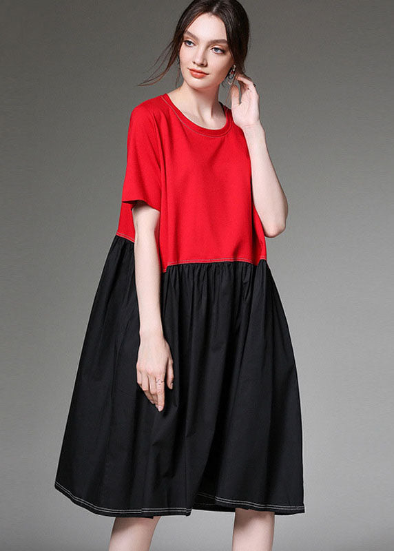 Chic Colorblock O Neck Patchwork Cotton Dress Half Sleeve