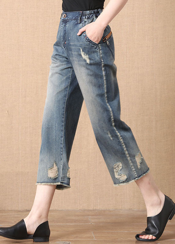 Chic Denim Blue Elastic Waist Zip Up Pockets Hole Cotton Crop Pants Summer