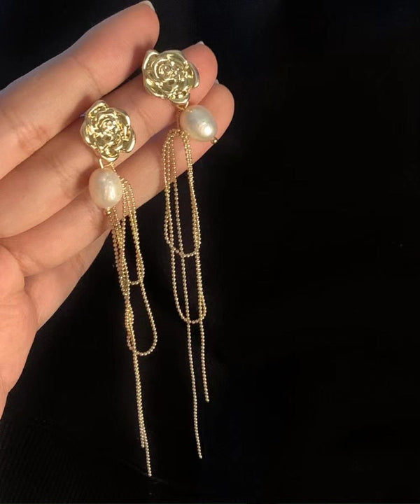 Chic Gold Overgild Pearl Long Tassel Drop Earrings