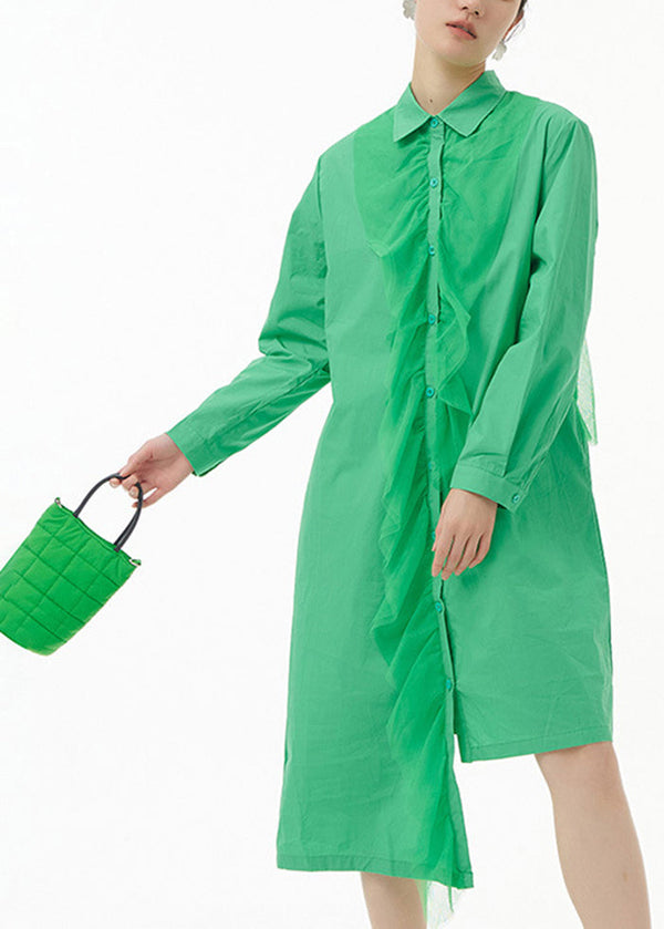 Chic Green Asymmetrical Tulle Patchwork Ruffles Cotton Shirt Dress Spring