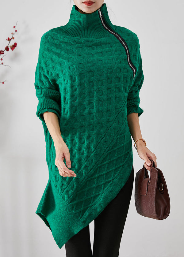 Chic Green Asymmetrical Zippered Knit Short Sweater Fall