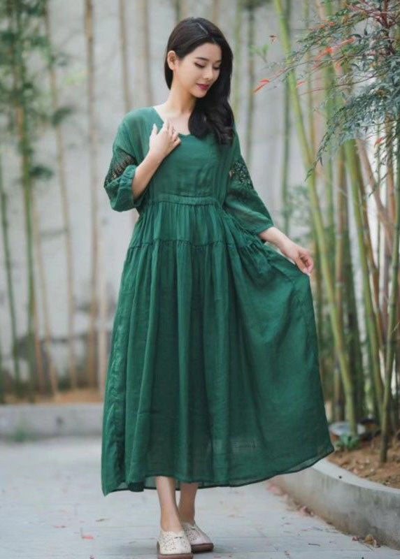 Chic Green Embroidered Hollow Out Patchwork Linen Dresses Summer