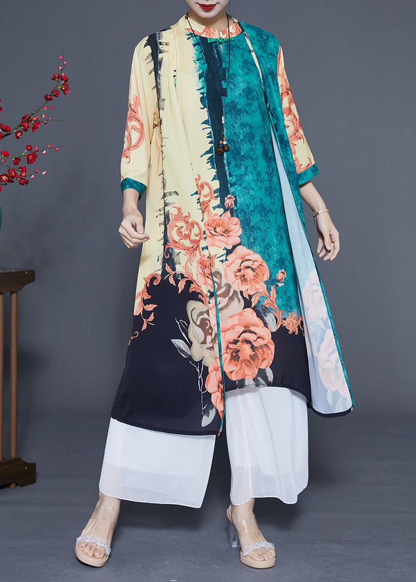 Chic Green Oversized Print Chinese Style Silk Women Sets 2 Pieces Spring