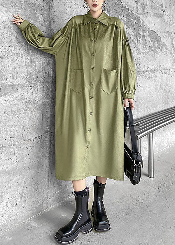 Chic Green Peter Pan Collar Patchwork Cotton Shirt Dress Spring