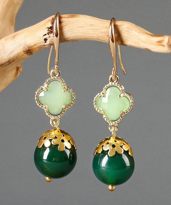 Chic Green Sterling Silver Agate Coloured Glaze Clover Drop Earrings