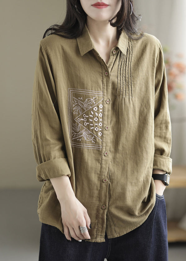 Chic Khaki Lapel Embroidered Wrinkled Linen Shirt Tops Spring