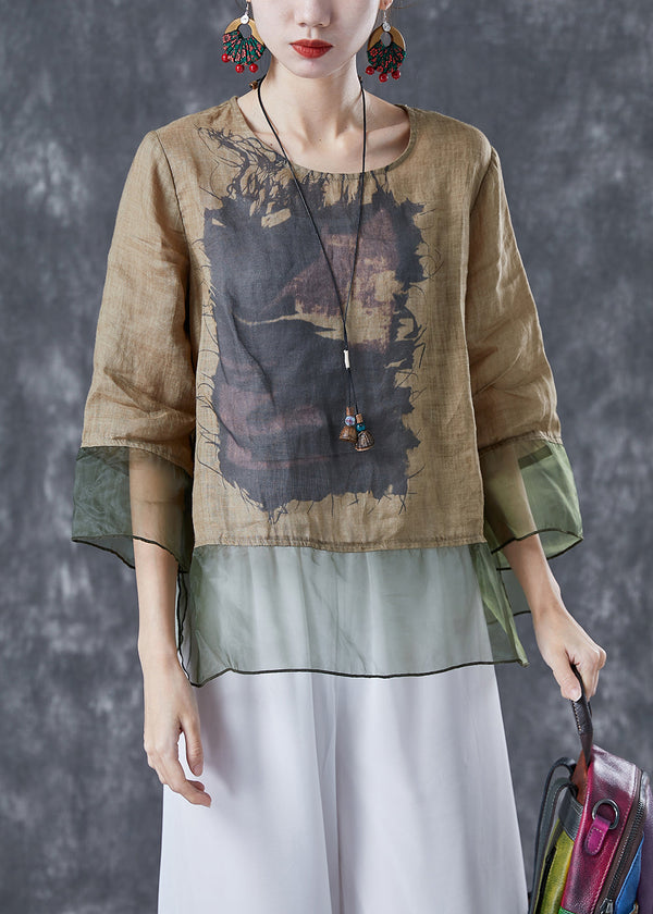 Chic Khaki Oversized Patchwork Organza Linen Shirts Bracelet Sleeve