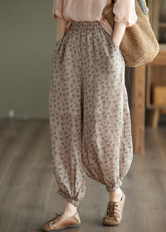 Chic Khaki Print Elastic Waist Linen Beam Pants Spring