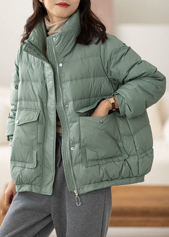 Chic Light Green Stand Collar Zip Up Pockets Duck Down Puffers Jackets Winter