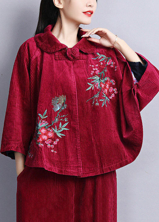 Chic Mulberry Peter Pan Collar Embroidered Corduroy Coats Cloak Sleeves