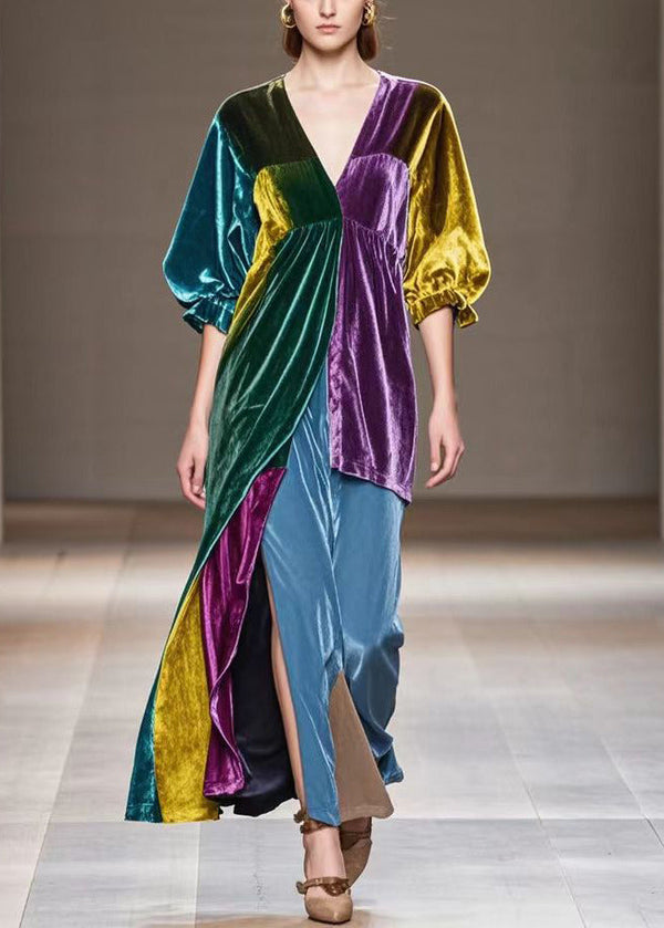 Chic Multicolor Asymmetrical Patchwork Silk Velvet Dress Half Sleeve