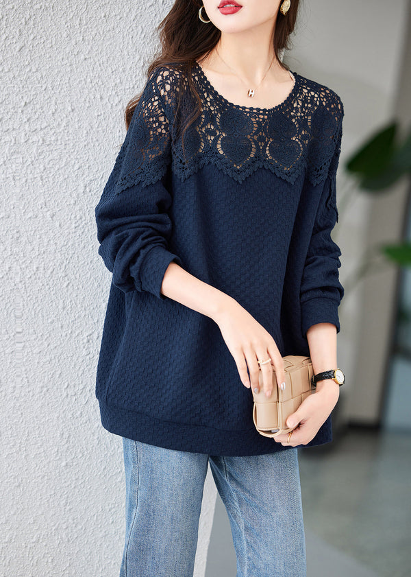 Chic Navy Embroidered Hollow Out Cotton Tops Spring