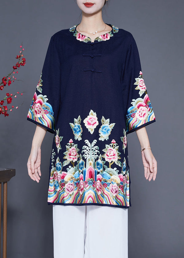 Chic Navy Embroidered Linen Long Shirt Bracelet Sleeve