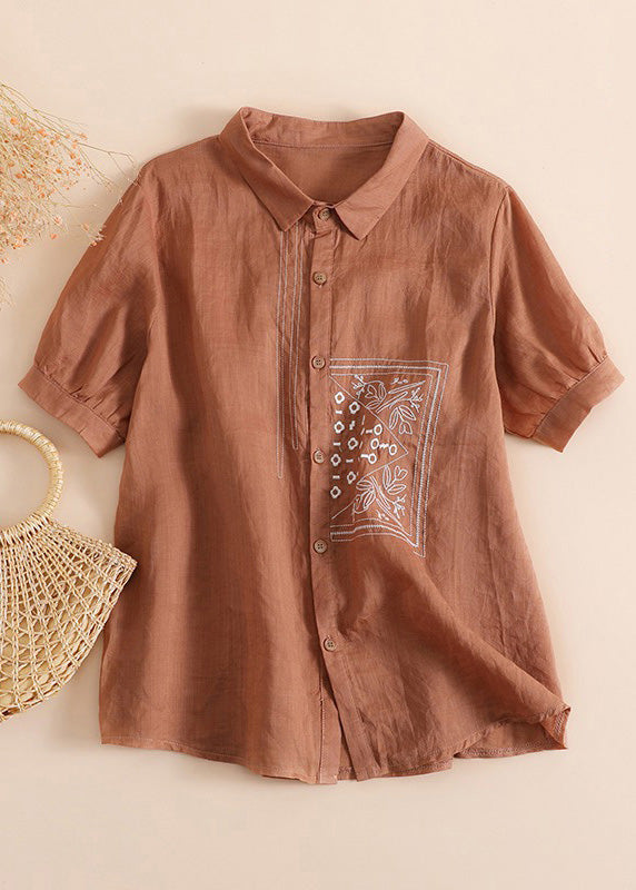 Chic Orange Peter Pan Collar Print Button Solid Linen Shirts Short Sleeve