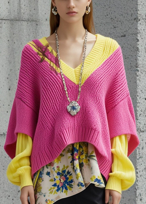 Chic Pink Asymmetrical Patchwork Print Short Sweater Fall