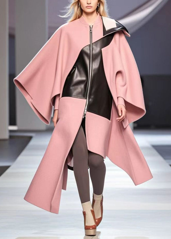 Chic Pink Asymmetrical Patchwork Woolen Loose Coat Fall